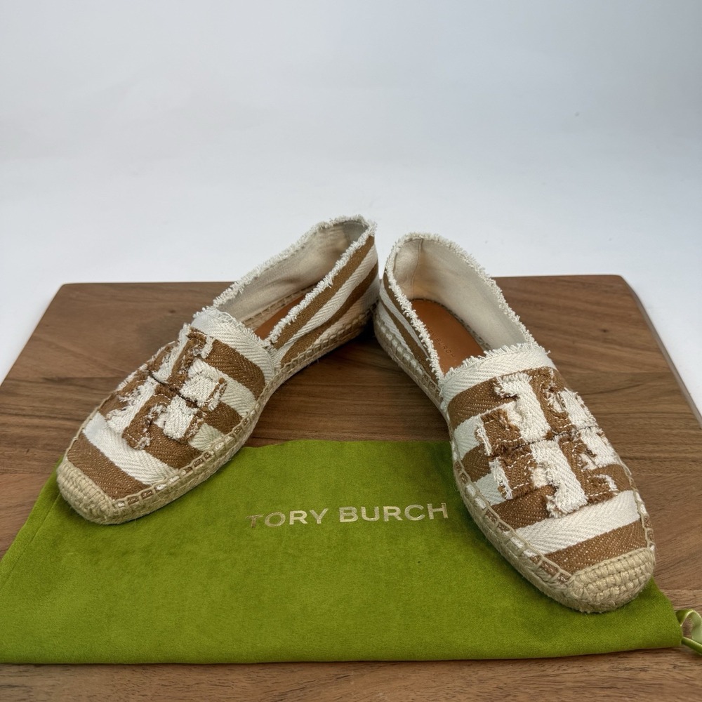 New Tory Burch Frayed Stripe Espadrilles Flats Shoes Size 7 M